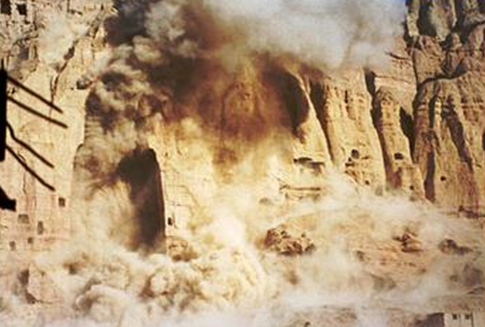 Image of explosive destruction of Bamyan buddhas by the Taliban, March 21, 2001.