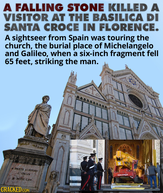 A FALLING STONE KILLED A VISITOR AT THE BASILICA DI SANTA CROCE IN FLORENCE. A sightseer from Spain was touring the church, the burial place of Michel