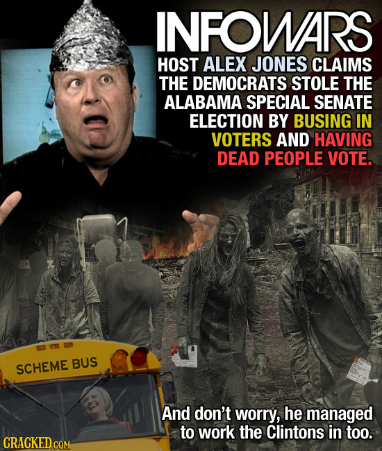 INFOWARS HOST ALEX JONES CLAIMS THE DEMOCRATS STOLE THE ALABAMA SPECIAL SENATE ELECTION BY BUSING IN VOTERS AND HAVING DEAD PEOPLE VOTE. BUS SCHEME An