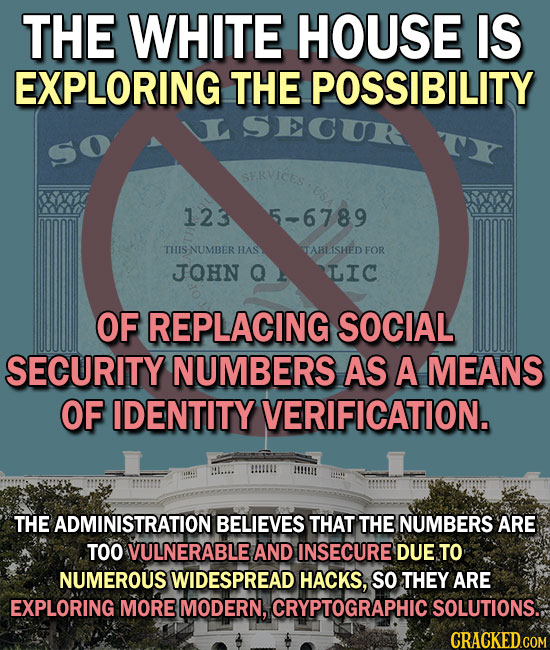 THE WHITE HOUSE IS EXPLORING THE POSSIBILITY SECU 123 5-6789 THIS NUMBERHAS ABLISHED FOR JQHN Q LIC OF REPLACING SOCIAL SECURITY NUMBERS AS A MEANS OF