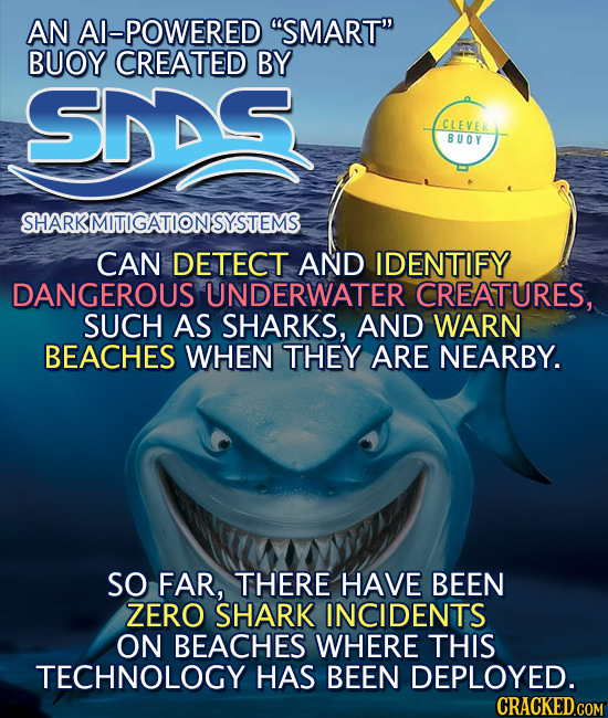 AN Al-POWERED SMART BUOY CREATED BY SNDS CLEVER BUOY SHARKMITIGATIONSYSTEMS CAN DETECT AND IDENTIFY DANGEROUS UNDERWATER CREATURES, SUCH AS SHARKS, 