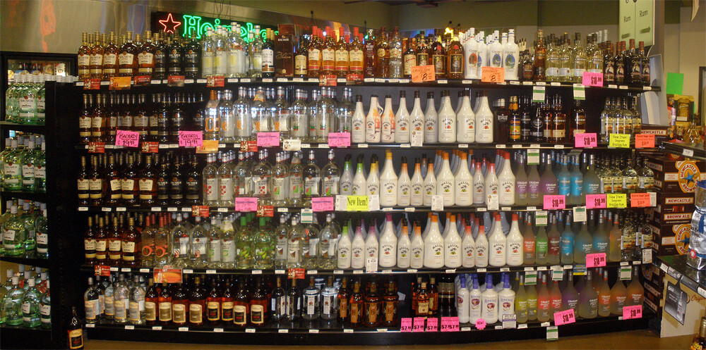 Rum display in a liquor store (United States, 2009)