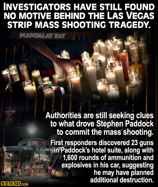 INVESTIGATORS HAVE STILL FOUND NO MOTIVE BEHIND THE LAS VEGAS STRIP MASS SHOOTING TRAGEDY. MANDALAY BAY Authorities are still seeking clues to what dr