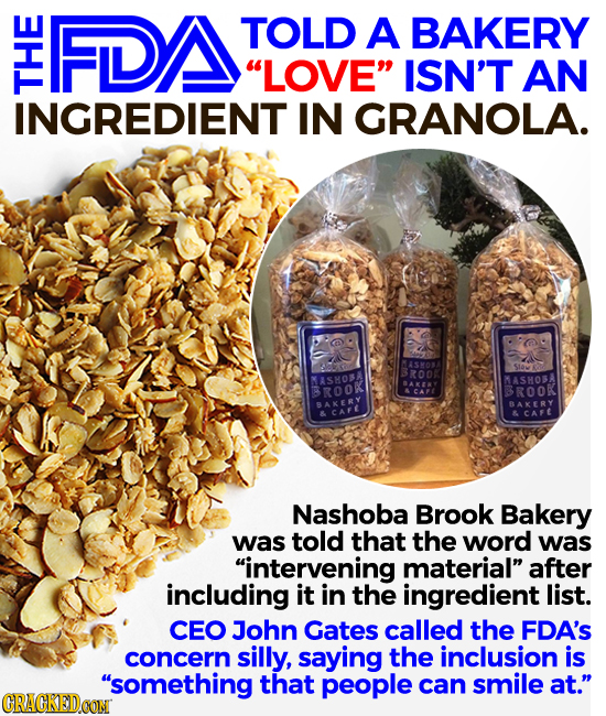 FDA TOLD A BAKERY LOVE ISN'T AN THE INGREDIENT IN GRANOLA. MASMON rRoo MASHOSA MASHOSA BAKY BROOK CAE BROOK BAKERY BAKERY CAFE CAFE Nashoba Brook Ba