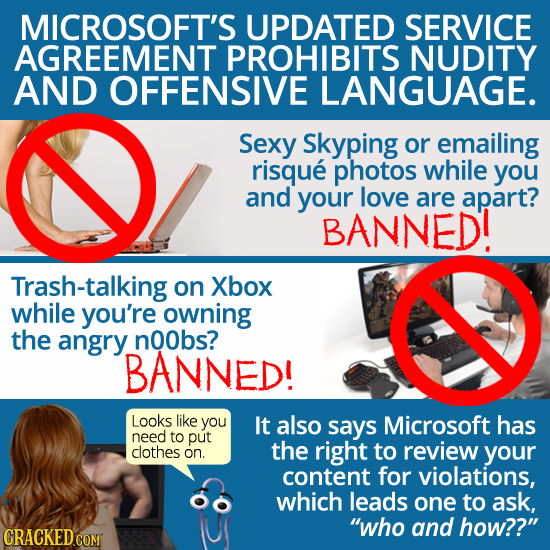 MICROSOFT'S UPDATED SERVICE AGREEMENT PROHIBITS NUDITY AND OFFENSIVE LANGUAGE. Sexy Skyping or emailing risque photos while you and your love are apar