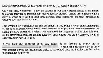 Dear Parents/Guardians of Students in My Periods 1.2.3, and 5 English Classes: On Wednesday, November 5. I gave the students in four of my English cla