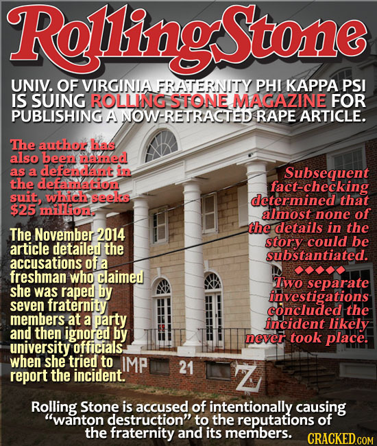 RollingStone UNIV. OF VIRGINIA FRATERNITY PHI KAPPA PSI IS SUING ROLLING STONE MAGAZINE FOR PUBLISHING A TOW-RETRACTED RAPE ARTICLE. The author Kas al