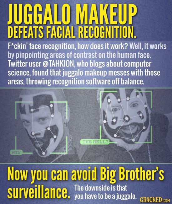 JUGGALO MAKEUP DEFEATS FACIAL RECOGNITION. F*ckin' face recognition, how does it work? Well, it works by pinpointing areas of contrast on the human fa