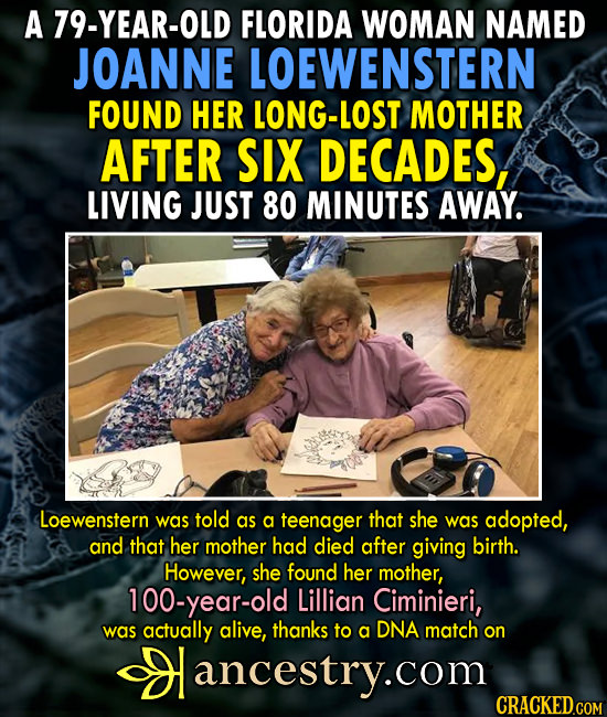 A 79-YEAR-OLD FLORIDA WOMAN NAMED JOANNE LOEWENSTERN FOUND HER LONG-LOST MOTHER AFTER SIX DECADES LIVING JUST 80 MINUTES AWAY. Loewenstern was told as