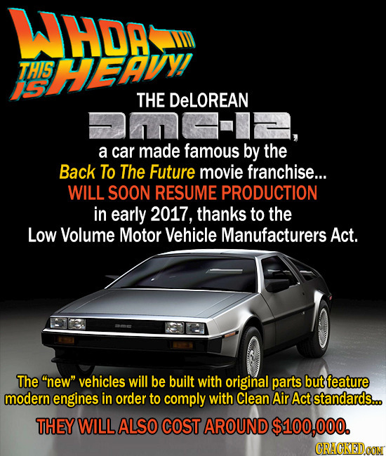 WHDA TH5 HEAVY S THE DeLOREAN - a car made famous by the Back To The Future movie franchise... WILL SOON RESUME PRODUCTION in early 2017, thanks to th