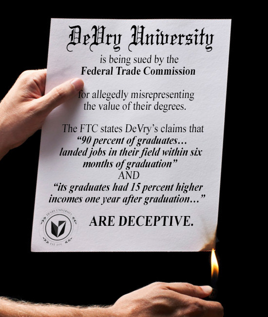 Delry Hniurersity is being sued by the Federal Trade Commission for allegedly misrepresenting the value of their degrees. The FTC states DeVry's claim