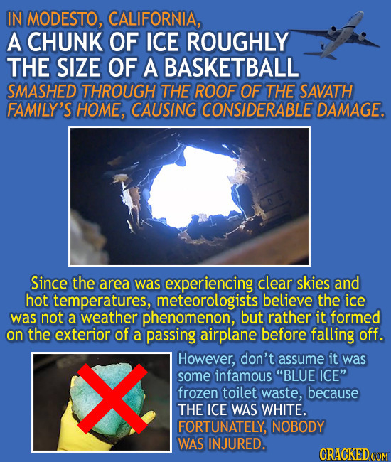 Chunk of ice falls off plane, smashes through home