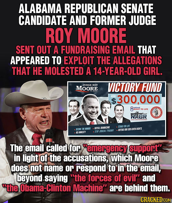 ALABAMA REPUBLICAN SENATE CANDIDATE AND FORMER JUDGE ROY MOORE SENT OUT A FUNDRAISING EMAIL THAT APPEARED TO EXPLOIT THE ALLEGATIONS THAT HE MOLESTED 