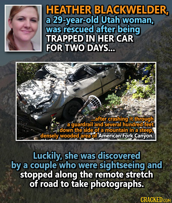 Heather Blackwelder rescued after trapped in car for two days after accident