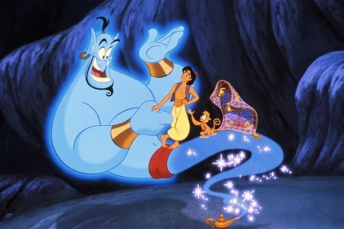 The Genie from Aladdin with Aladdin and friends standing on his "tail".