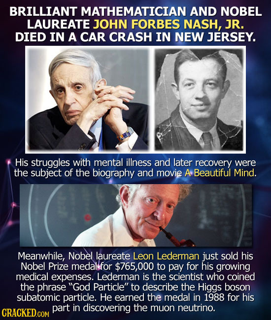 BRILLIANT MATHEMATICIAN AND NOBEL LAUREATE JOHN FORBES NASH, JR. DIED IN A CAR CRASH IN NEW JERSEY. His struggles with mental illness and later recove
