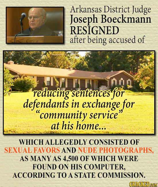 Arkansas District Judge Joseph Boeckmann RESIGNED after being accused of reducing sentences for defendants in exchange for community service at his 