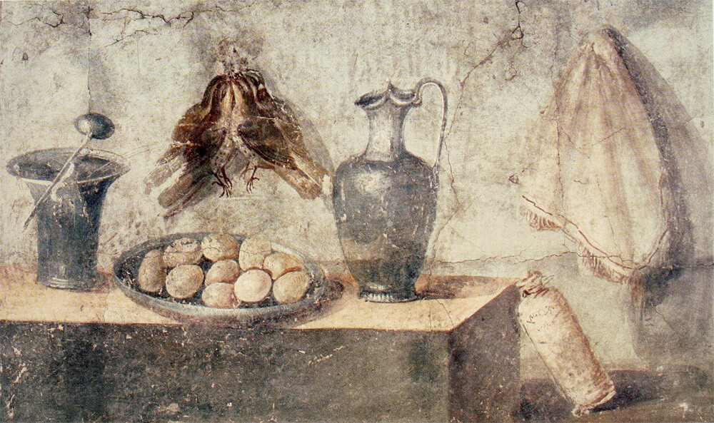 Ancient Rome painting depicting eggs, birds and bronze dishes