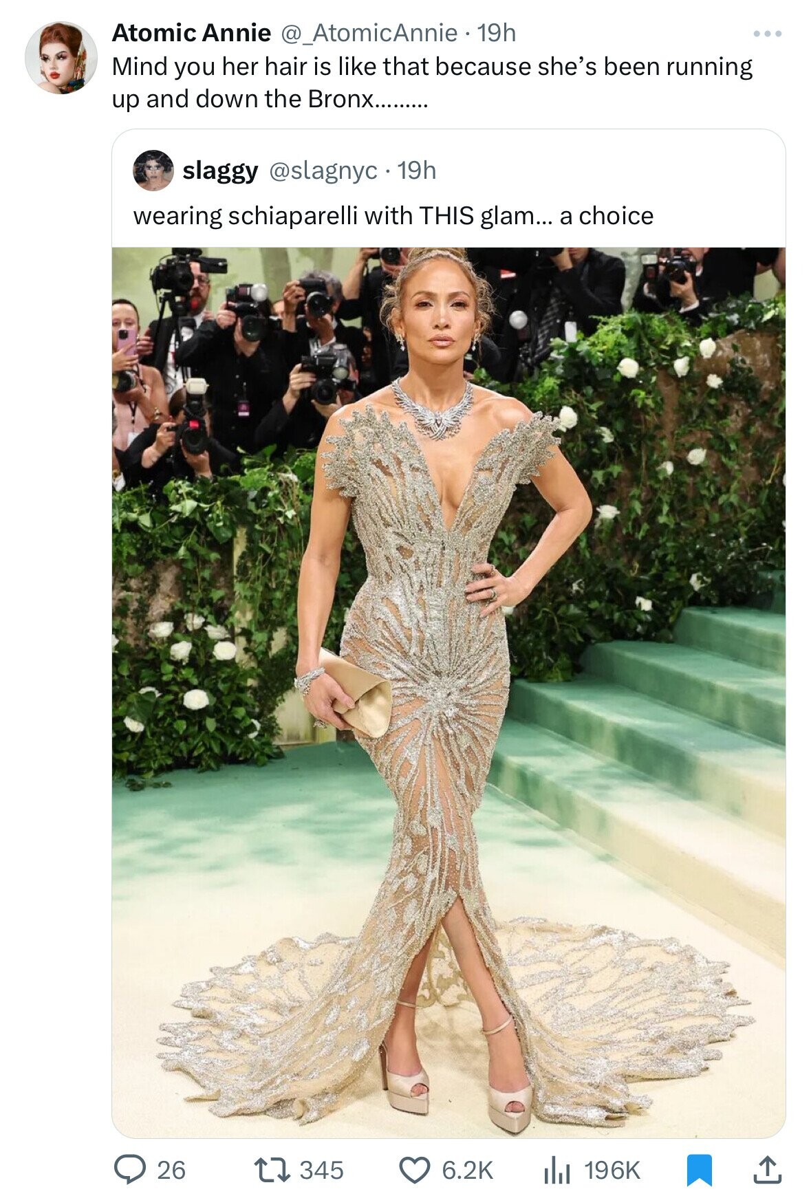 Atomic Annie @_AtomicAnnie - 1 19h Mind you her hair is like that because she's been running up and down the Bronx......... slaggy @slagnyc 19h wearing schiaparelli with THIS glam... a choice 26 345 6.2K 196K