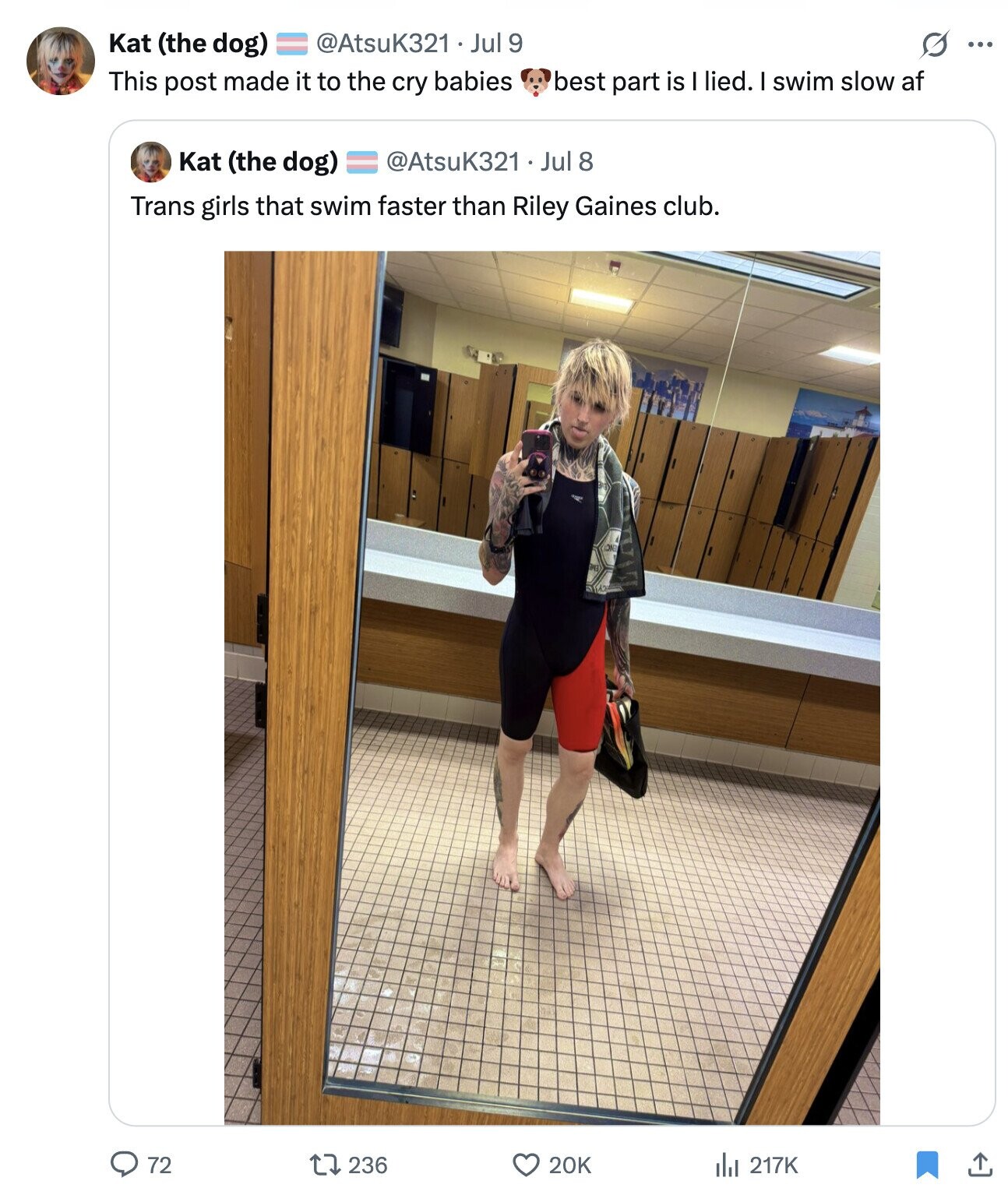 Kat (the dog) @AtsuK321. Jul 9 O ... This post made it to the cry babies best part is lied. swim slow af @AtsuK321 Jul 8 Kat (the dog) Trans girls that swim faster than Riley Gaines club. ENC PET 236 72 20K del 217K