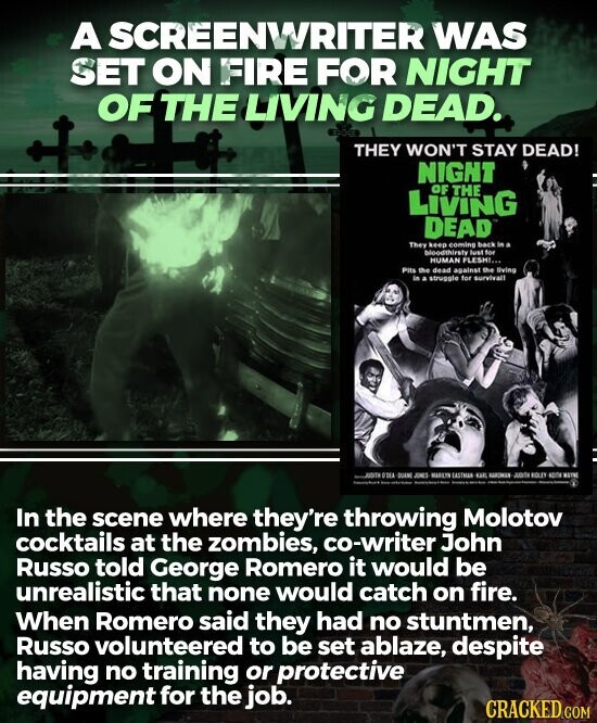 A SCREENWRITER WAS SET ON FIRE FOR NIGHT OF THE LIVING DEAD. THEY WON'T STAY DEAD! NIGHT OF THE LIVING DEAD They keep coming back in A bloodthirsty lust for HUMAN FLESHI... Pits the dead against the living in a struggle for survivall JOSTA O'DEA JONES MARCYS EASTMAN - KAC - NAMOMON JUDIA KOLEY KEITA WATER - - - In the scene where they're throwing Molotov cocktails at the zombies, co-writer John Russo told George Romero it would be unrealistic that none would catch on fire. When Romero said they had no stuntmen, Russo volunteered to be set ablaze, despite