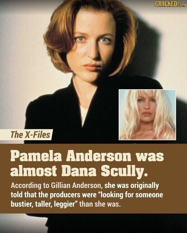 CRACKED.COM The X-Files Pamela Anderson was almost Dana Scully. According to Gillian Anderson, she was originally told that the producers were looking for someone bustier, taller, leggier than she was.