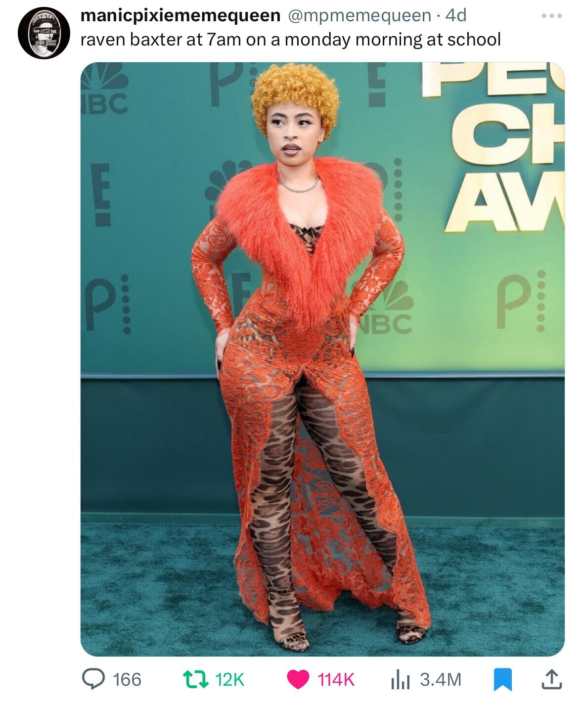 manicpixiememequeen @mpmemequeen 4d ... BCG QUEEN raven baxter at 7am on a monday morning at school PS P E IBC CH E AV F P P NBC 166 12K 114K 3.4M