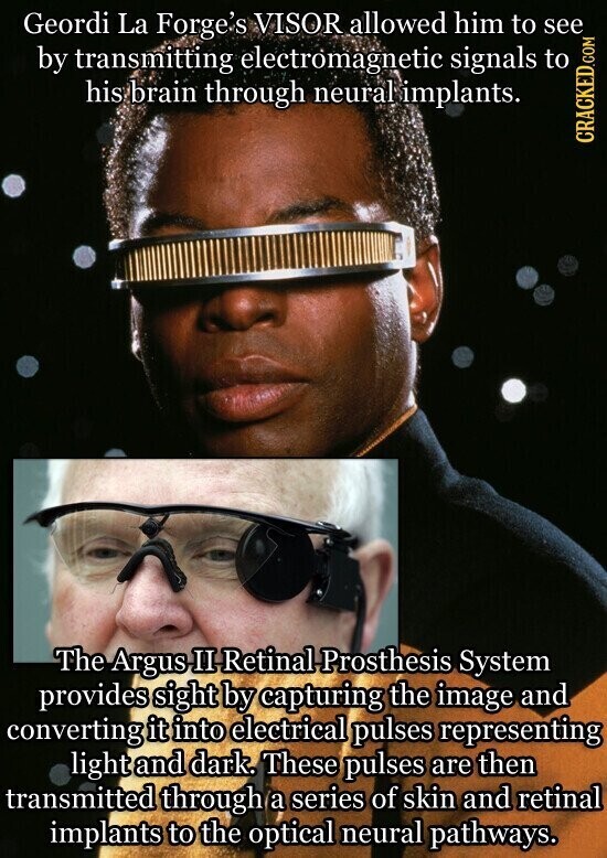 Geordi La Forge's VISOR allowed him to see by transmitting electromagnetic signals to his brain through neural implants. CRACKED.COM The Argus II Retinal Prosthesis System provides sight by capturing the image and converting it into electrical pulses representing light and dark. These pulses are then transmitted through a series of skin and retinal implants to the optical neural pathways.