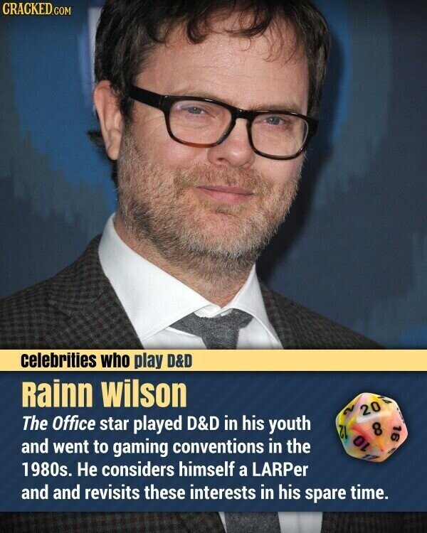 CRACKED.COM celebrities who play D&D Rainn wilson ~ 20 The Office star played D&D in his youth 8 16 ZL 10 17 and went to gaming conventions in the 1980s. Не considers himself a LARPer and and revisits these interests in his spare time.