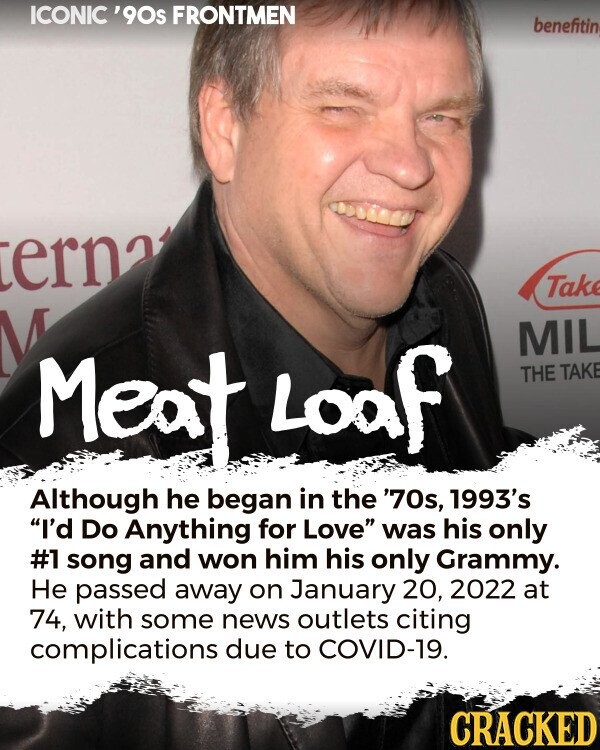 ICONIC '90s FRONTMEN benefitin terna Take M MIL Meat Loaf THE TAKE Although he began in the '70s, 1993's I'd Do Anything for Love was his only #1 song and won him his only Grammy. Не passed away on January 20, 2022 at 74, with some news outlets citing complications due to COVID-19. CRACKED