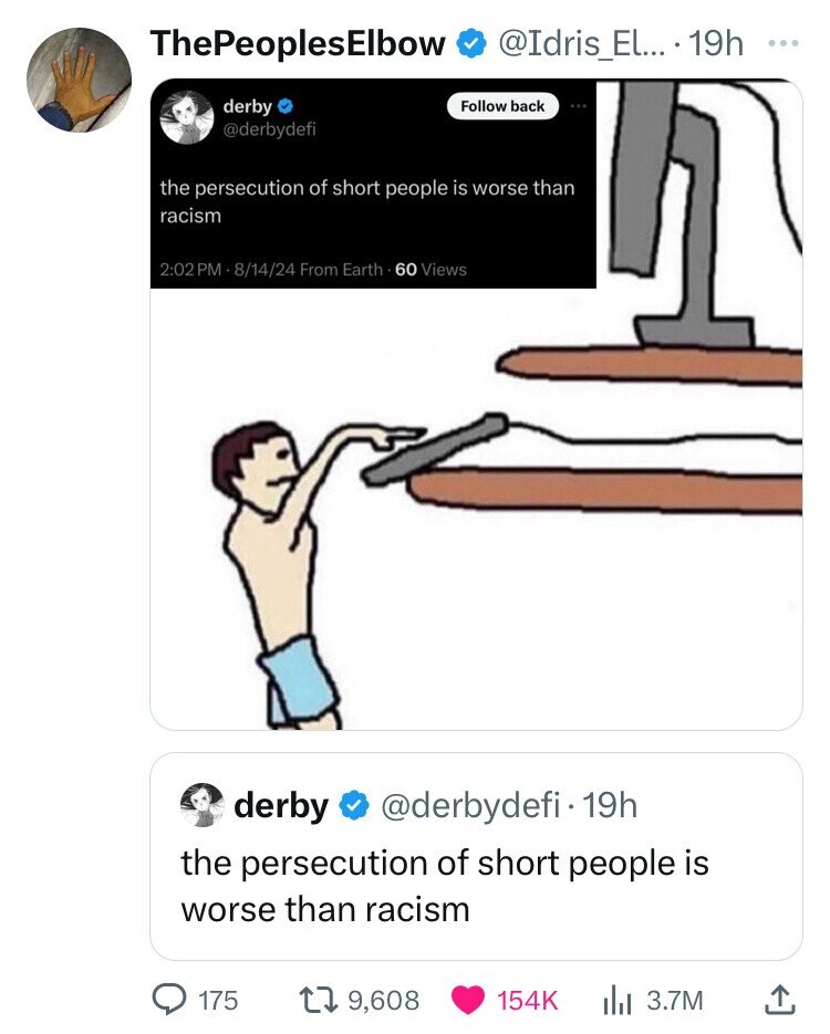 ThePeoplesElbow @Idris_EL... 19h ... derby Follow back @derbydefi the persecution of short people is worse than racism 2:02 PM 18-14/24 From Earth 60 Views derby @derbydefi 19h the persecution of short people is worse than racism 175 9,608 154K 3.7M