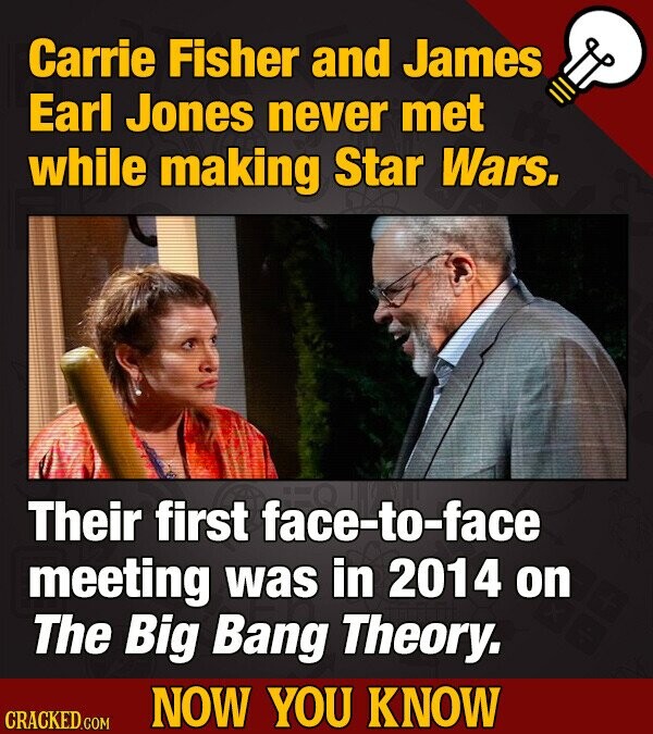 Carrie Fisher and James Earl Jones never met while making Star Wars. Their first face-to-face meeting was in 2014 on The Big Bang Theory. NOW YOU KNOW CRACKED.COM