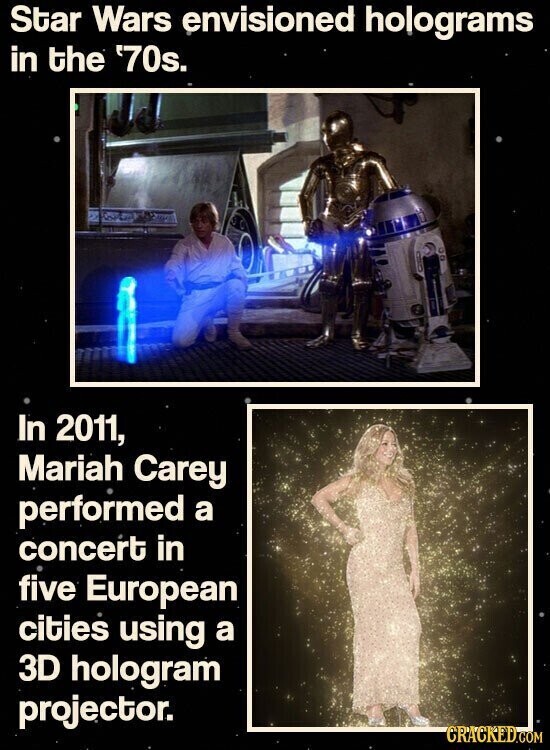 Star Wars envisioned holograms in the '70s. In 2011, Mariah Carey performed a concert in five European cities using a 3D hologram projector. CRACKED.COM