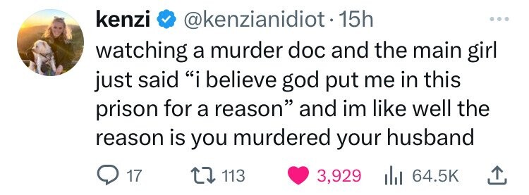 kenzi @kenzianidiot.15h ... watching a murder doc and the main girl just said i believe god put me in this prison for a reason and im like well the reason is you murdered your husband 17 113 3,929 del 64.5K