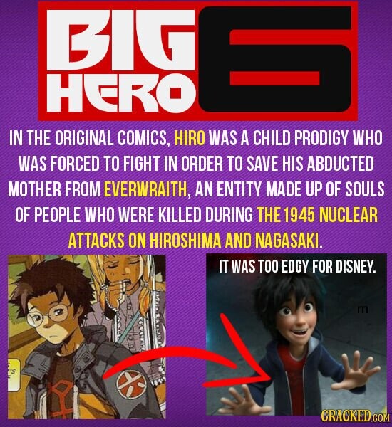 BIG HERO 6 IN THE ORIGINAL COMICS, HIRO WAS A CHILD PRODIGY WHO WAS FORCED TO FIGHT IN ORDER TO SAVE HIS ABDUCTED MOTHER FROM EVERWRAITH, AN ENTITY MADE UP OF SOULS OF PEOPLE WHO WERE KILLED DURING THE 1945 NUCLEAR ATTACKS ON HIROSHIMA AND NAGASAKI. IT WAS TOO EDGY FOR DISNEY. .. S CRACKED.COM