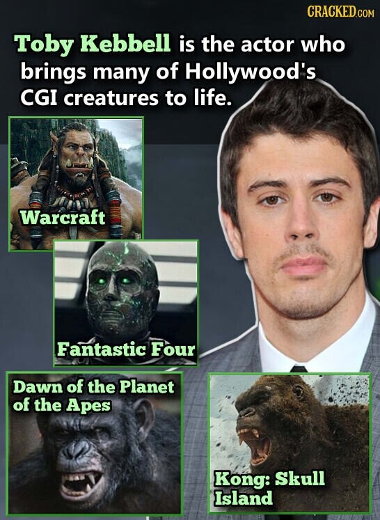CRACKED.COM Toby Kebbell is the actor who brings many of Hollywood's CGI creatures to life. Warcraft Fantastic Four Dawn of the Planet of the Apes Kong: Skull Island