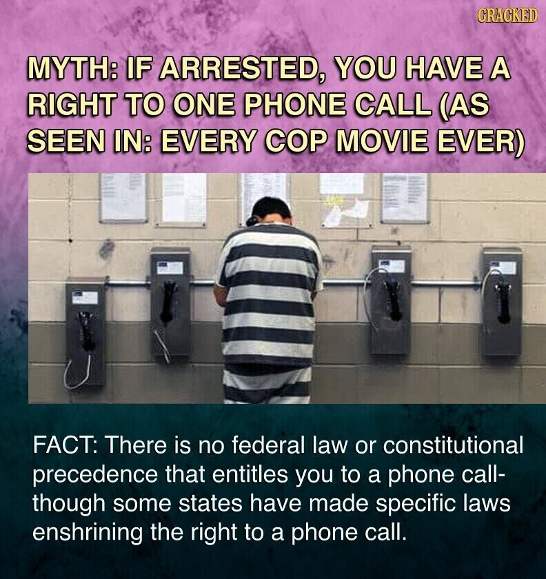CRACKED MYTH: IF ARRESTED, YOU HAVE A RIGHT TO ONE PHONE CALL (AS SEEN IN: EVERY COP MOVIE EVER) FACT: There is no federal law or constitutional precedence that entitles you to a phone call- though some states have made specific laws enshrining the right to a phone call.