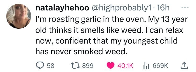 natalayhehoo @highprobably1 16h ... I'm roasting garlic in the oven. My 13 year old thinks it smells like weed. I can relax now, confident that my youngest child has never smoked weed. 58 899 40.1K 669K 