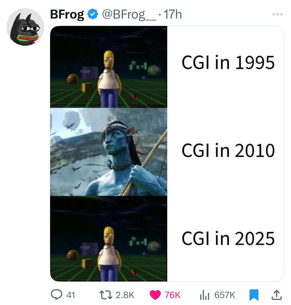 BFrog @BFrog_.17h CGI in 1995 CGI in 2010 CGI in 2025 76K 41 2.8K 657K