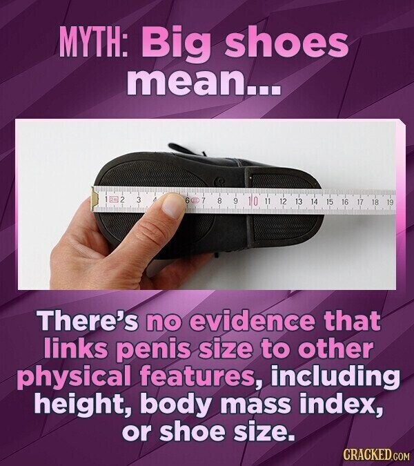 MYTH: Big shoes mean... 12m 2 3 0 6 K 7 8 9 10 11 12 13 14 15 16 17 18 19 There's no evidence that links penis size to other physical features, including height, body mass index, or shoe size. CRACKED.COM