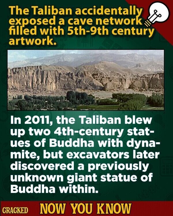 The Taliban accidentally exposed a cave network filled with 5th-9th century artwork. In 2011, the Taliban blew up two 4th-century stat- ues of Buddha with dyna- mite, but excavators later discovered a previously unknown giant statue of Buddha within. CRACKED NOW YOU KNOW