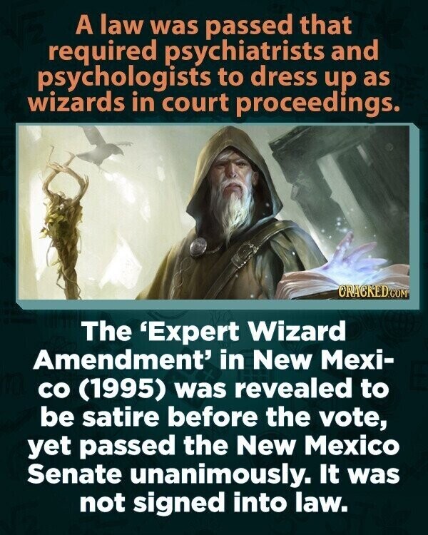 A law was passed that required psychiatrists and psychologists to dress up as wizards in court proceedings. CRACKED.COM The 'Expert Wizard Amendment' in New Mexi- со (1995) was revealed to be satire before the vote, yet passed the New Mexico Senate unanimously. It was not signed into law.