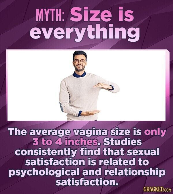 MYTH: Size is everything The average vagina size is only 3 to 4 inches. Studies consistently find that sexual satisfaction is related to psychological and relationship satisfaction. CRACKED.COM