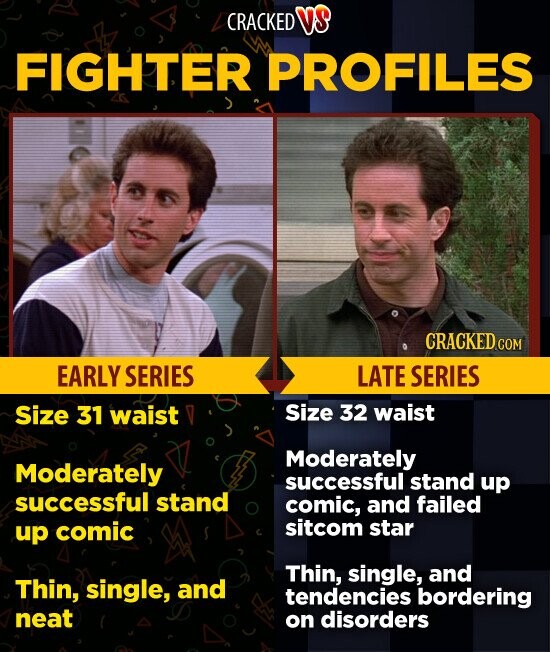 CRACKED VS FIGHTER PROFILES CRACKED.COM EARLY SERIES LATE SERIES Size 32 waist Size 31 waist Moderately Moderately successful stand up successful stand comic, and failed sitcom star up comic Thin, single, and Thin, single, and tendencies bordering neat on disorders