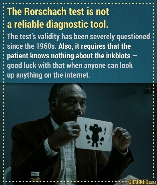 The Rorschach test is not a reliable diagnostic tool. The test's validity has been severely questioned since the 1960s. Also, it requires that the patient knows nothing about the inkblots - good luck with that when anyone can look up anything on the internet. CRACKED.COM