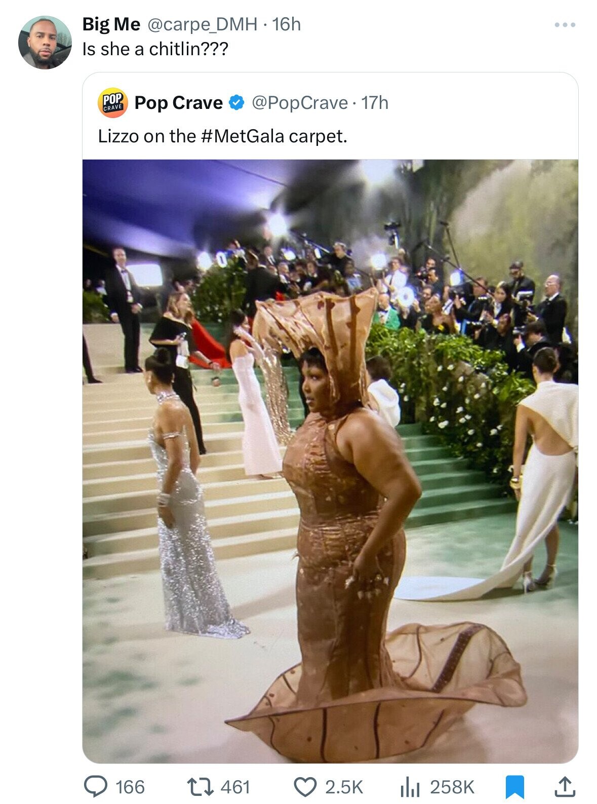 Big Me @carpe_DMH.16h Is she a chitlin??? POP CRAVE Pop Crave @PopCrave. 17h Lizzo on the #MetGala carpet. 166 461 2.5K 258K