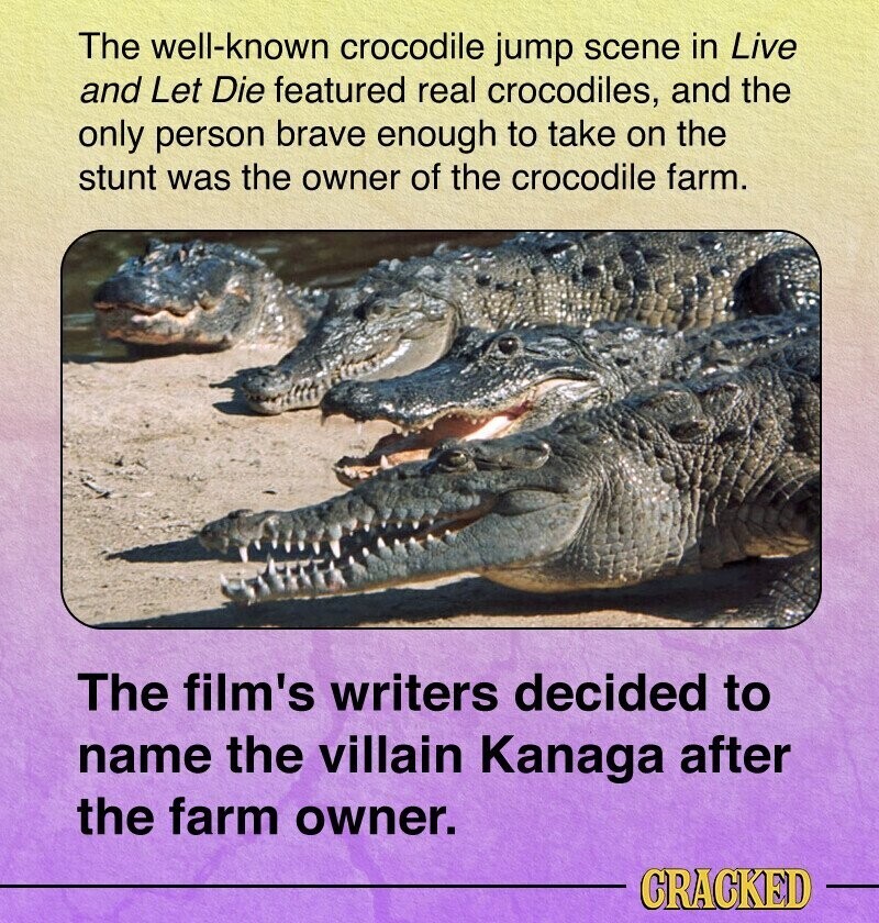 The well-known crocodile jump scene in Live and Let Die featured real crocodiles, and the only person brave enough to take on the stunt was the owner of the crocodile farm. The film's writers decided to name the villain Kanaga after the farm owner. CRACKED