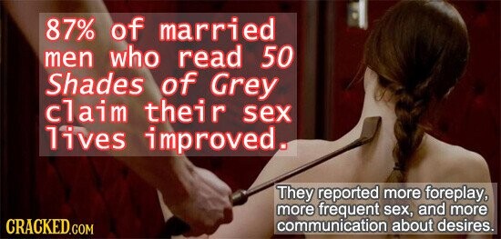 87% of married men who read 50 Shades of Grey claim their sex lives improved. They reported more foreplay, more frequent sex, and more CRACKED.COM communication about desires.