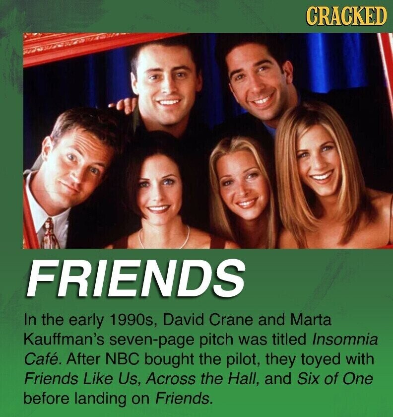 CRACKED FRIENDS In the early 1990s, David Crane and Marta Kauffman's seven-page pitch was titled Insomnia Café. After NBC bought the pilot, they toyed with Friends Like Us, Across the Hall, and Six of One before landing on Friends.