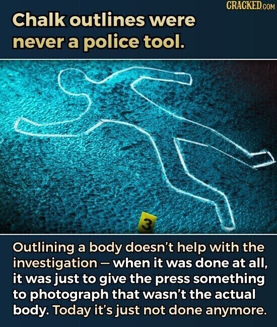 CRACKED.COM Chalk outlines were never a police tool. 3 Outlining a body doesn't help with the investigation-when it was done at all, it was just to give the press something to photograph that wasn't the actual body. Today it's just not done anymore.